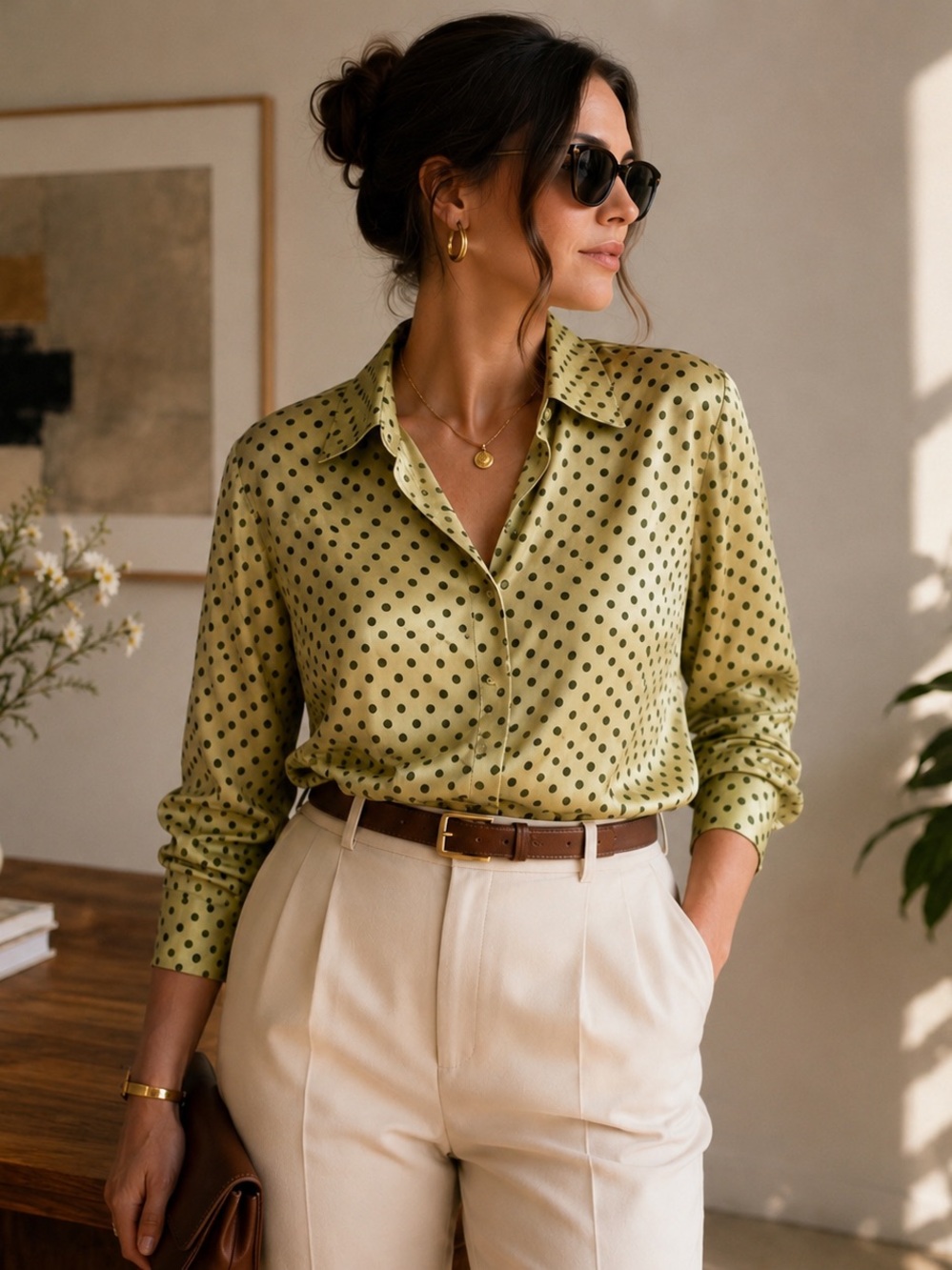 Vintage The Work Connection 100% Silk Polka Dot Blouse Celery Green Office Chic